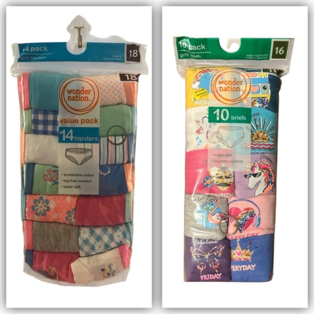 WONDER NATION GIRLS UNDERWEAR BUNDLE - 14 HIPSTERS & 10  BRIEFS, SIZE 16/18